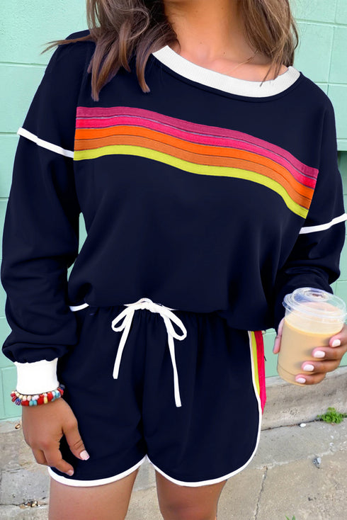 Varsity Stripe Contrast Trim Pullover And Shorts Short Set